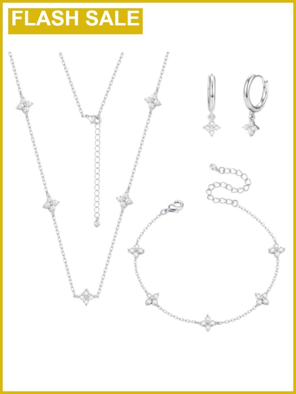 18K White Gold Plated Four-Leaf Clover Jewelry Set Necklace Bracelet Earrings